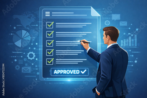 Businessman checks electronic document on a virtual interface vector.