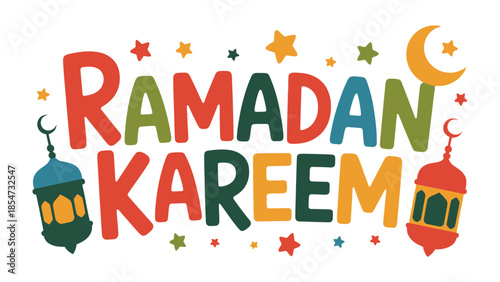 Ramadan Kareem Illustration: A vibrant and colorful illustration of Ramadan Kareem, featuring a crescent moon, stars, and lanterns, conveying the spirit of the holy month.