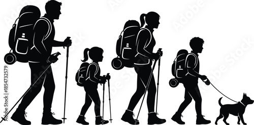 Family hiking silhouettes, parents and children backpacking with trekking poles and dog walking isolated on white background vector illustration design