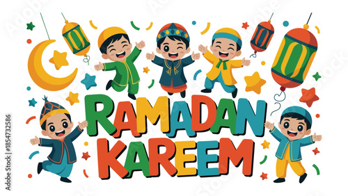Ramadan Kareem: A festive and vibrant illustration that shows children celebrating the Ramadan season.