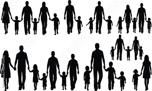 Family silhouette collection, black vector illustration, parent child figures, minimal design, white background, cad drawing flat vector illustration