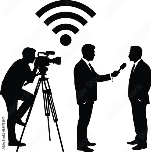 Live news interview broadcast silhouette reporter camera operator microphone media journalism television communication wireless signal concept professional reporting scene illustration