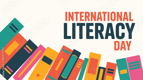 A collection of vibrantly colored books stands proudly on a light beige background for International Literacy Day