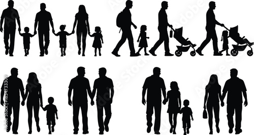 Family walking silhouettes, black vector illustration, parent child figures, modern family diversity, minimal design, white background, cad drawing flat vector illustration