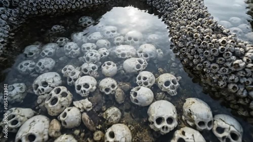 Creepy Skull Collection in Rocky Tide Pool, Barnacle Covered Rocks, Ocean Shoreline