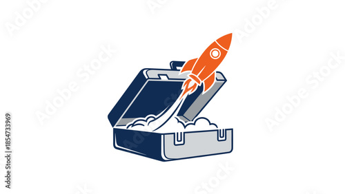 A navy blue briefcase with an orange rocket emerging from it