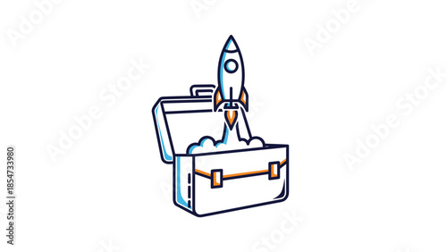 A briefcase with a rocket ship emerging from it