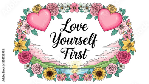 Love yourself first inspirational quote with floral wreath and hearts