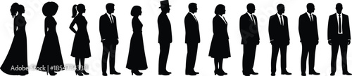 Fashion evolution silhouette, historical clothing styles, vintage to modern outfits, timeline illustration, black vector, people in costume, style progression