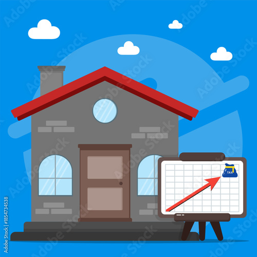 House exterior with rising property taxes chart. Real estate market trends, financial planning, property tax assessment, home ownership challenges concept.