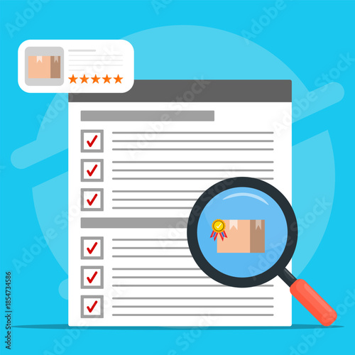 Checklist with reviewed boxes and package examined closely. Professional quality control concept. Suitable for product of business inspection and quality control themed designs.