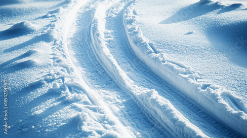 Top view of white ski tracks carving through fresh snow, creating clean linear patterns and texture. Minimal winter background symbolizing motion, cold weather, skiing, and alpine sports.
