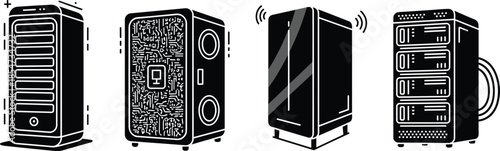 Computer server rack illustrations for data center networking and cloud storage technology systems.