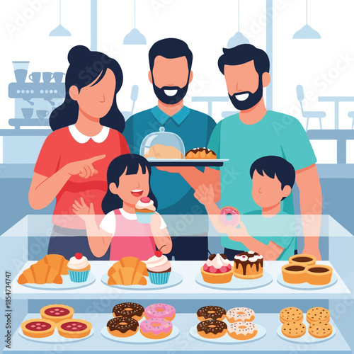Family enjoying delicious pastries at modern bakery shop together today