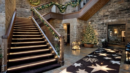Charming stairway adorned with festive lights and decorations captures the spirit of the holidays in a cozy home atmosphere