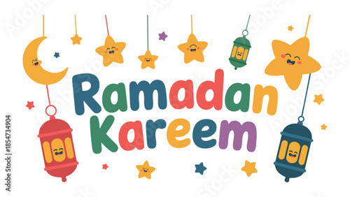 Ramadan Kareem Illustration: Festive and colorful illustration showcasing the spirit of Ramadan Kareem with delightful stars and lamps, perfect for invitations, greetings, and festive decor.