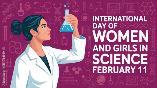 A confident female scientist holds a blue liquid filled flask amidst diverse science symbols