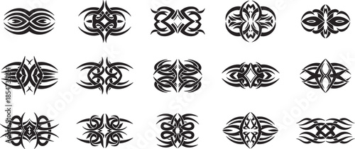 Tribal designs collection featuring various symbolic patterns and motifs in black and white illustrations