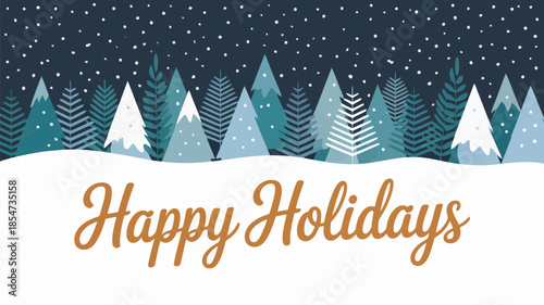 A delightful Happy Holidays message set against a snowy winter forest scene with evergreen trees