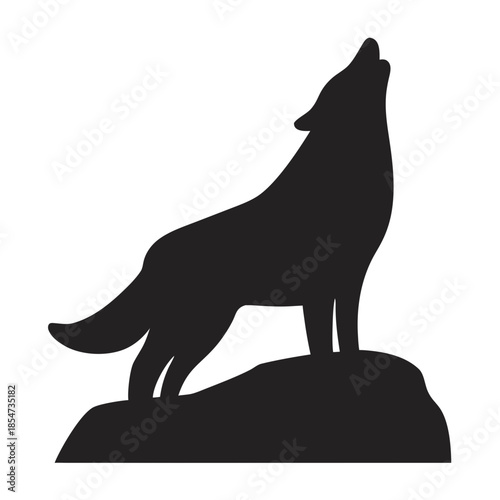 A Solitary Howl: A stark silhouette of a wolf standing atop a rugged rock, its head tilted back in a resonating howl against the vast expanse, captured with minimalist charm.