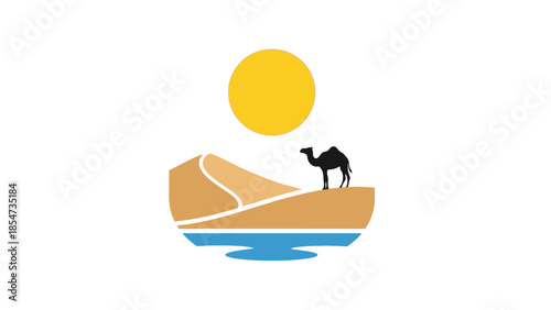  Desert Dunes Sunrise Vector Illustration – Camel Silhouette Landscape, Sahara Travel and Adventure Icon