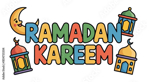 Ramadan Kareem: A vibrant illustration showcasing the spirit of Ramadan, with colorful text, a crescent moon, and traditional lanterns, symbolizing the holy month of fasting and reflection.