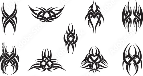 Tribal designs and illustrations featuring various abstract shapes and patterns