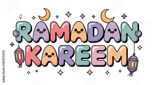 Ramadan Kareem Illustration: A vibrant and colorful illustration captures the essence of Ramadan Kareem with playful lettering, crescents, stars, and lanterns.