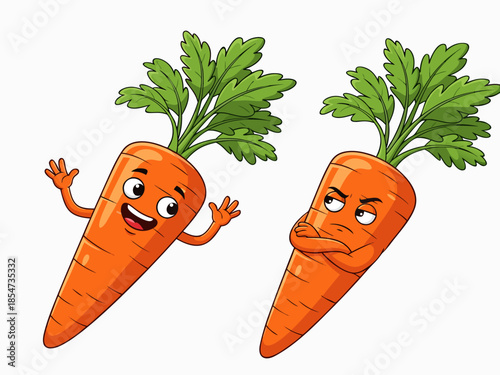 Vector illustration of anthropomorphic carrots with contrasting emotions in a playful scene