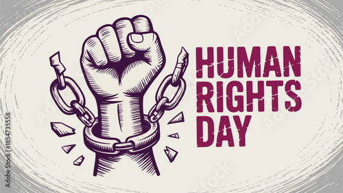 A determined fist shatters oppressive chains on Human Rights Day representing liberation and justice