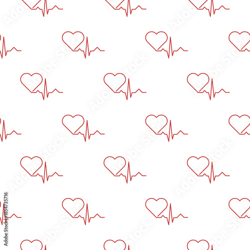 Heart pulse, one line seamless pattern isolated on white background