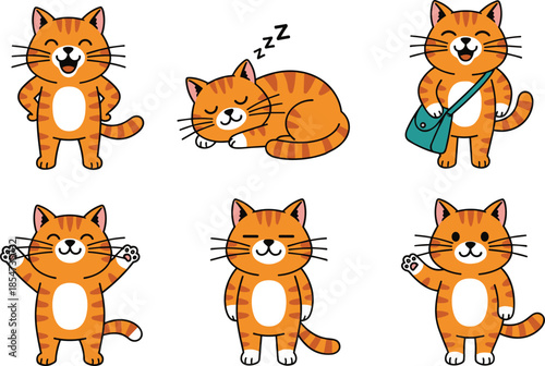 Set of cute ginger tabby cat characters with various expressions including sleeping waving laughing and wearing a bag.