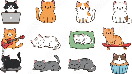 Set of cute white cat character vectors in various poses including sleeping sitting on box standing and stretching