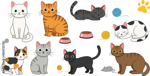 Collection of colorful cartoon cat characters playing guitar using laptop riding skateboard sleeping on pillow and sitting in cupcake