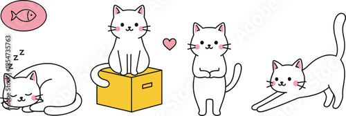 Cute white cat character set in different poses including sleeping sitting on a box standing and stretching for stickers and icons.