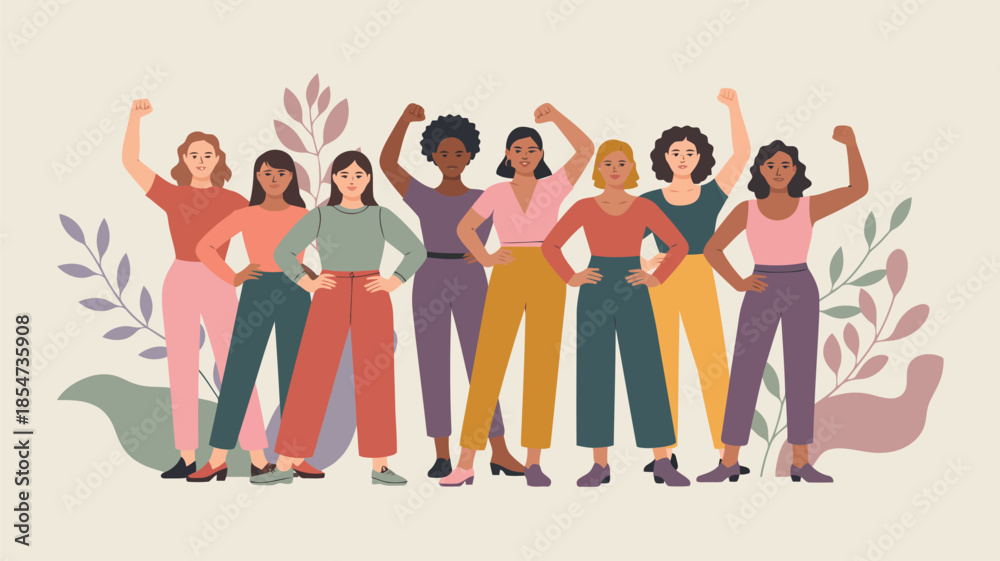 Obraz premium A diverse group of empowered women stand united with raised fists among gentle foliage symbols of strength