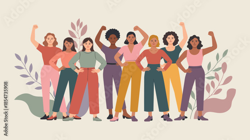 A diverse group of empowered women stand united with raised fists among gentle foliage symbols of strength