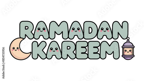 Ramadan Kareem: A festive and welcoming illustration for the holy month of Ramadan, Featuring a cheerful crescent moon and lantern, embodying the spirit of blessings, generosity, and peace.