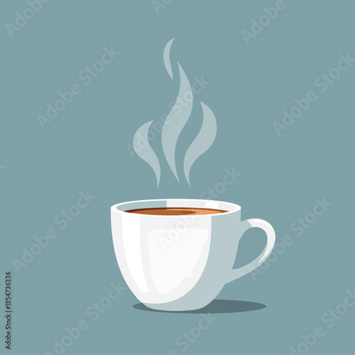 A pristine white cup filled with hot coffee releases three graceful, stylized plumes of steam that curl upward, creating a cozy and minimalist scene set against a soothing, muted teal background