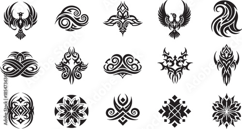 Tribal tattoo designs featuring intricate patterns and symbolic motifs in a collection of black and white illustrations.