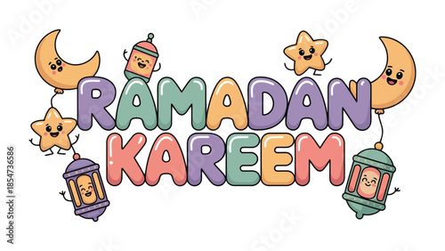 Ramadan Kareem Illustration: Festive and colorful Ramadan Kareem illustration. Featuring charming cartoon elements, crescent moons, lanterns, and stars.