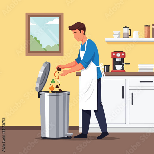 Man composting food scraps in modern kitchen for environmental awareness