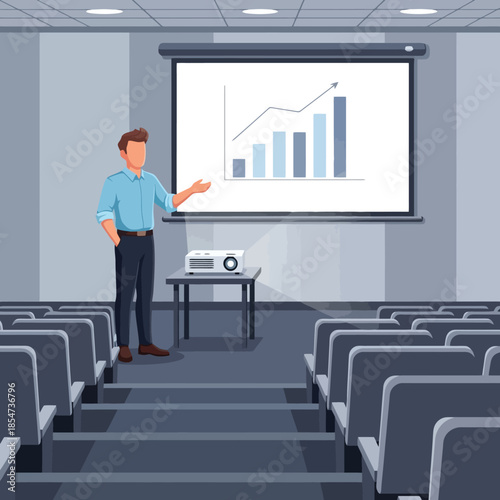 Confident presenter showing positive growth charts in modern seminar room