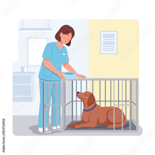 Caring vet nurse providing comfort for a dog in a crate at the clinic