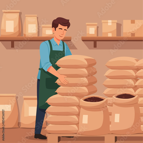Worker stacking coffee bean sacks in warehouse for efficient distribution