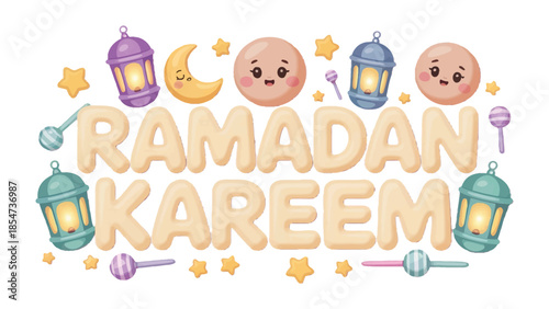 Ramadan Kareem Illustration: Festive and colorful illustration to celebrate Ramadan Kareem. Featuring whimsical lanterns, crescent moon and stars, conveying a message of joy and happiness.