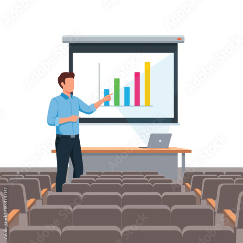 Professional speaker presenting business growth chart in auditorium venue