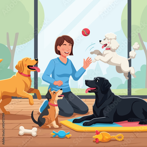 Happy woman playing fetch with her adorable dogs in bright modern home