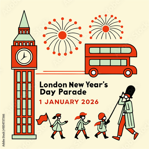 London new year's day parade 2026 illustration featuring big ben, double decker bus, and celebratory fireworks