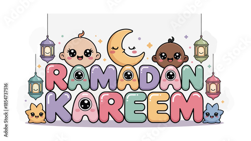 Ramadan Kareem Illustration: Celebrate the holy month with a charming illustration featuring a crescent moon and adorable characters. The image is bright and cheerful for an invitation.